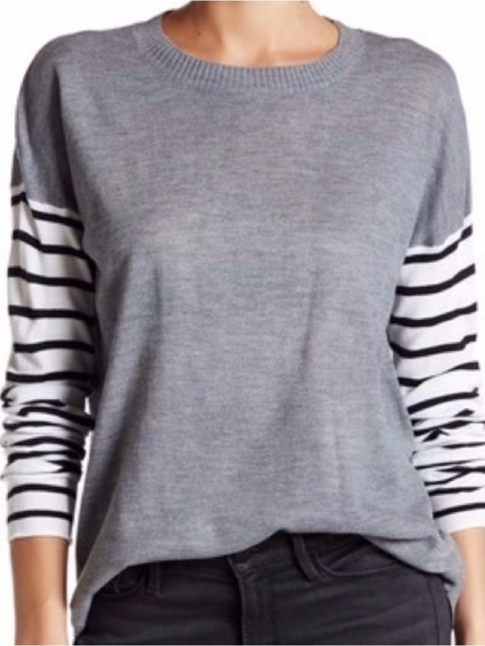 French Connection Gray Sweater with Black & White Striped Sleeves
